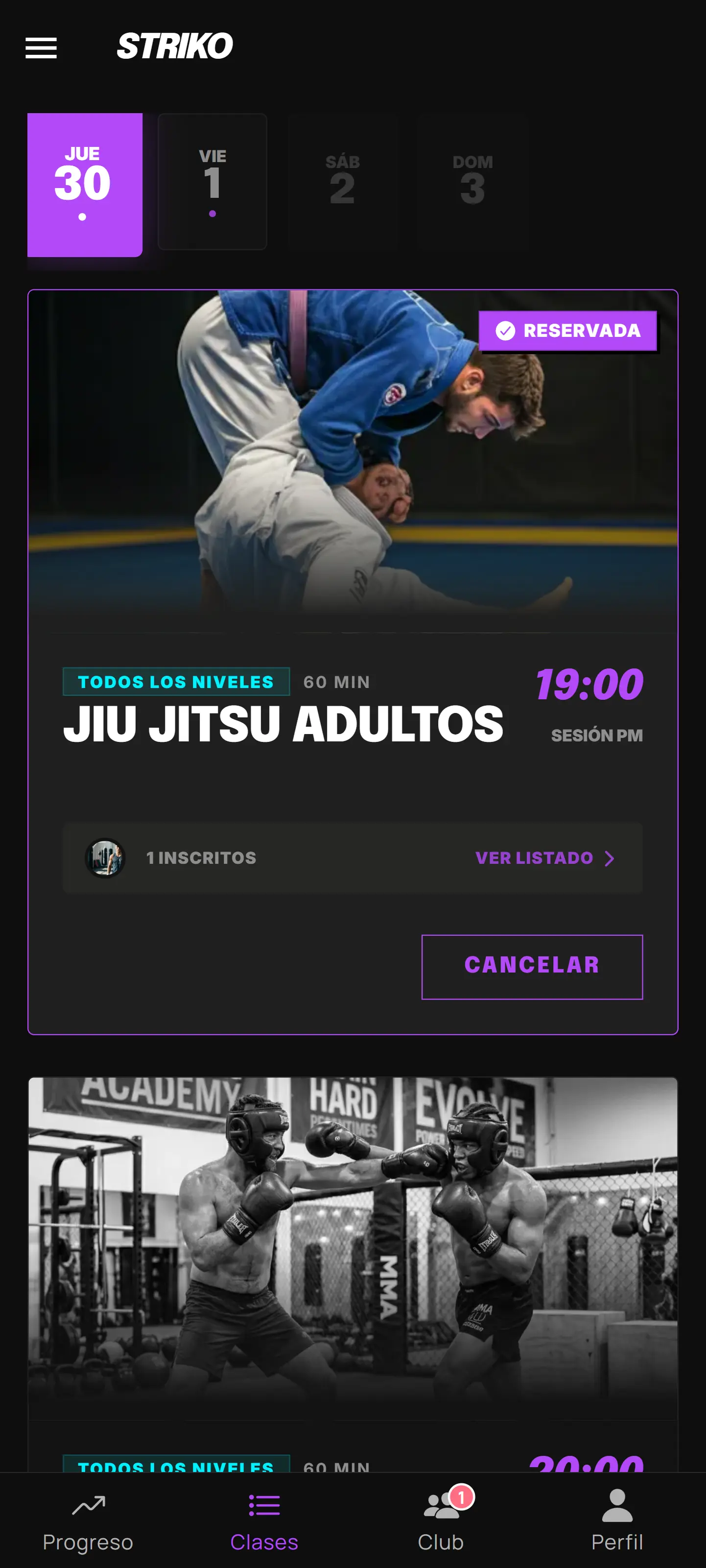 Reserva de clases para deportes de contacto - Striko